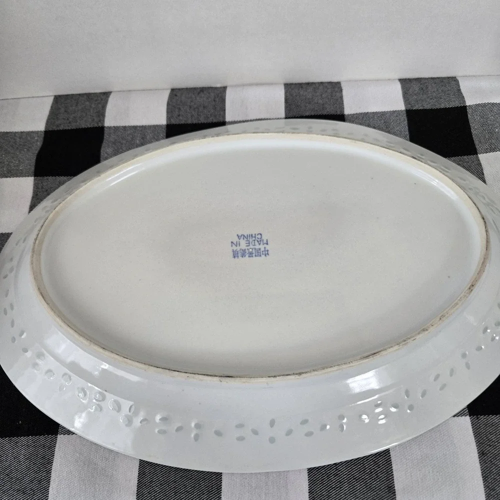 Vintage Jingdezhen Chinese Rice Eye Dragon Oval Large Serving Platter 16